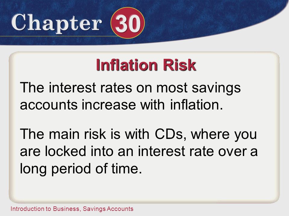 Inflation Risk The interest rates on most savings accounts increase with inflation.
