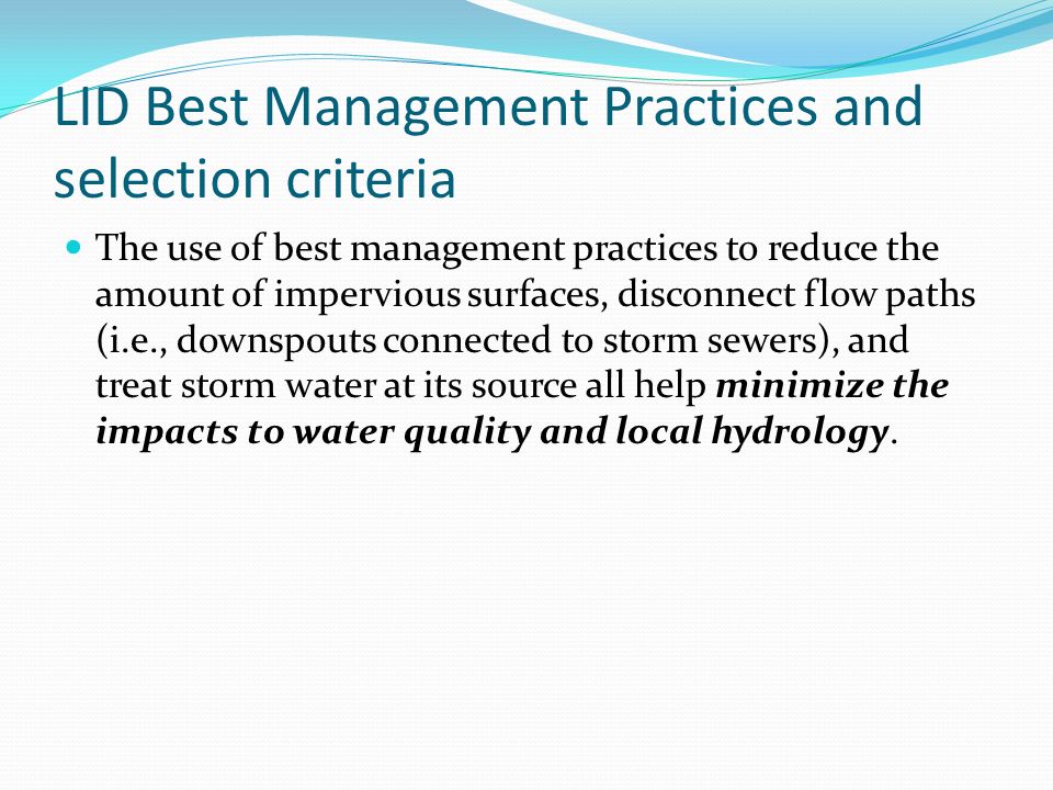 LID Best Management Practices and selection criteria
