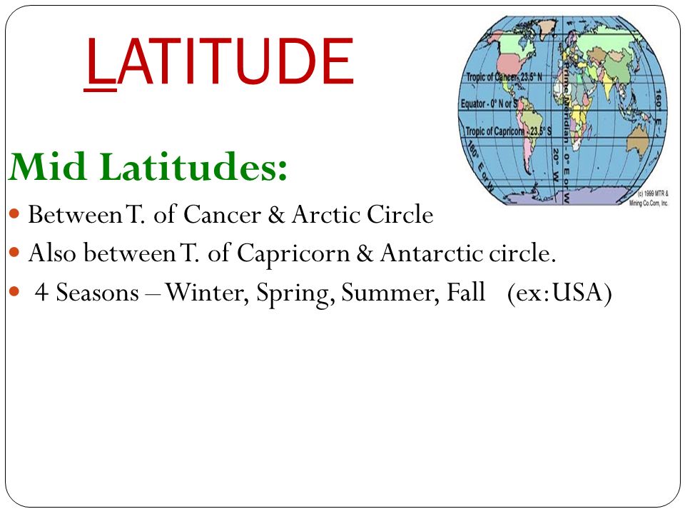 LATITUDE Mid Latitudes: Between T. of Cancer & Arctic Circle