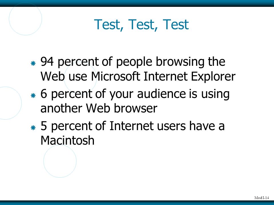 Test, Test, Test 94 percent of people browsing the Web use Microsoft Internet Explorer. 6 percent of your audience is using another Web browser.