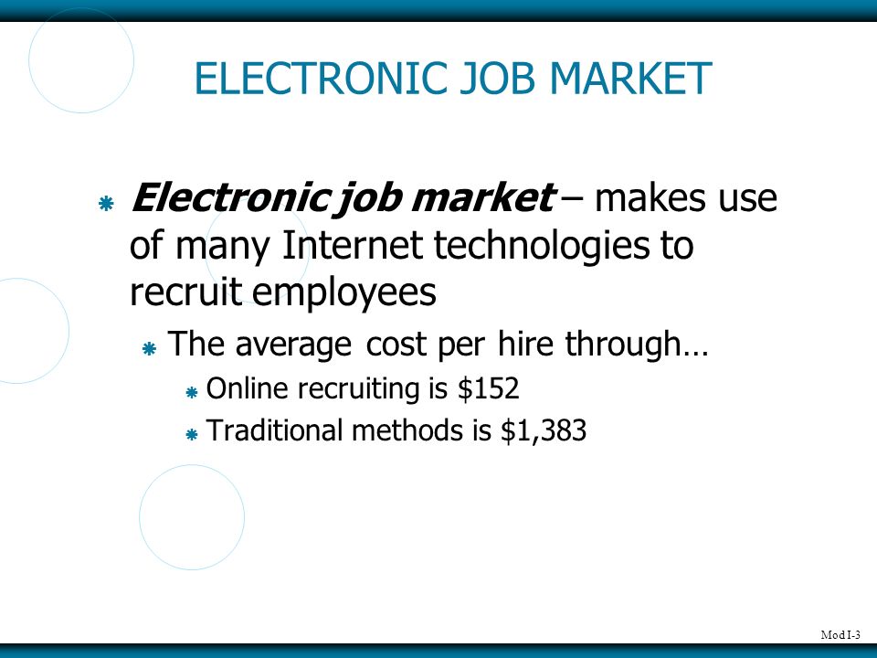 ELECTRONIC JOB MARKET Electronic job market – makes use of many Internet technologies to recruit employees.