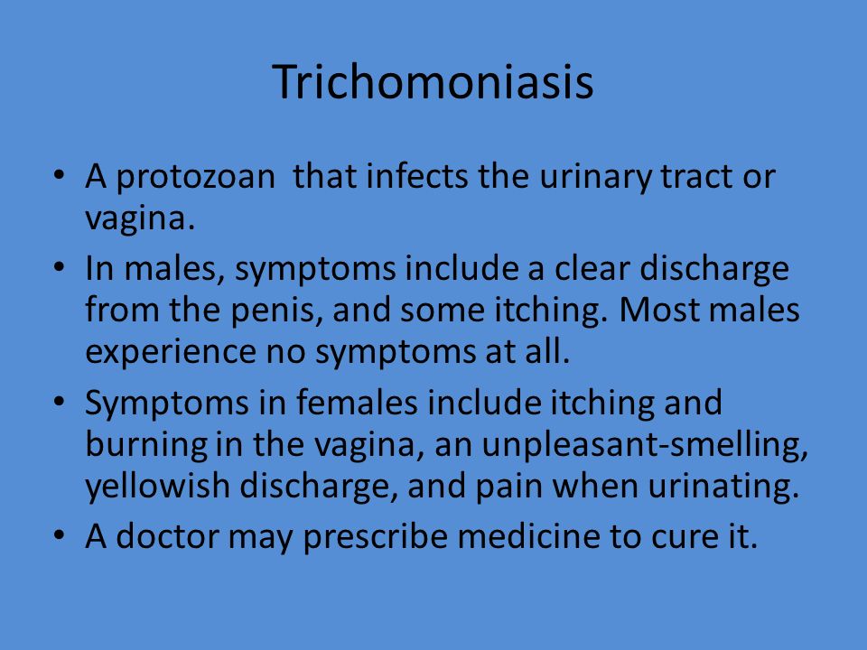 Trichomoniasis A protozoan that infects the urinary tract or vagina.