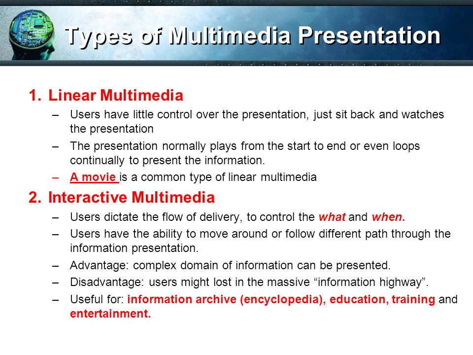 What are the three types of multimedia?