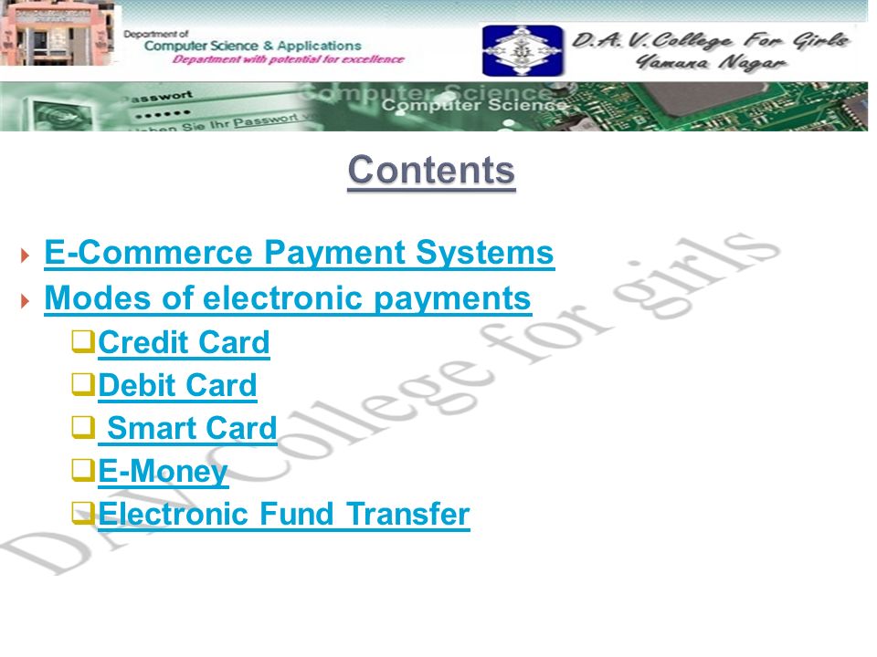 Contents E-Commerce Payment Systems Modes of electronic payments