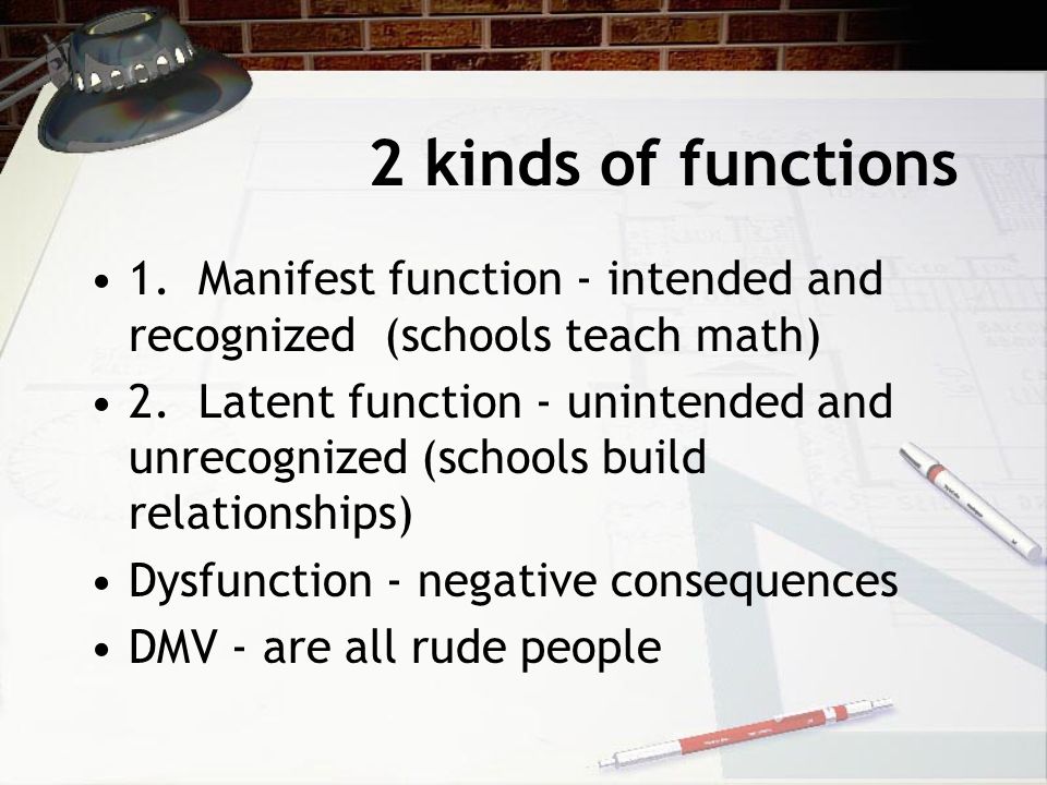 2 kinds of functions 1. Manifest function - intended and recognized (schools teach math)