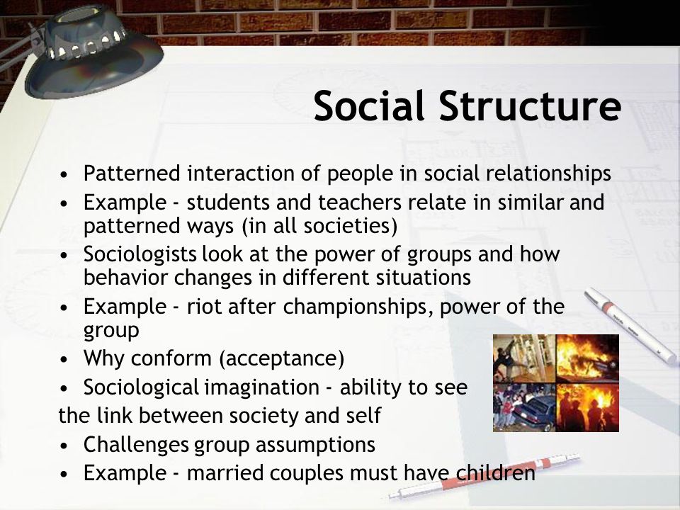 Social Structure Patterned interaction of people in social relationships.