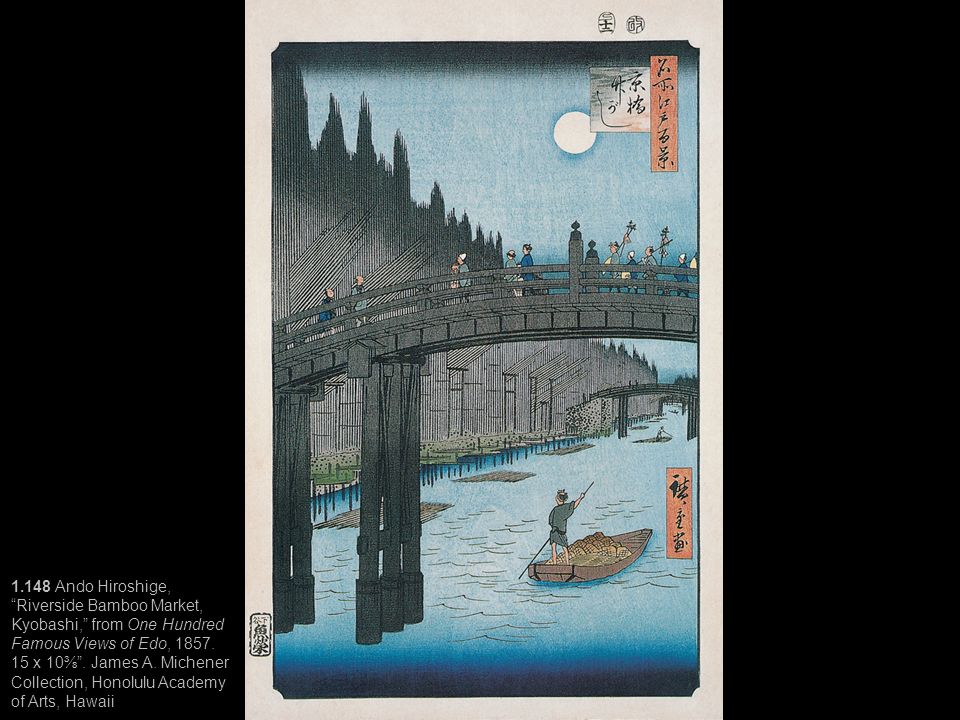 1.148 Ando Hiroshige, Riverside Bamboo Market, Kyobashi, from One Hundred Famous Views of Edo, 1857.