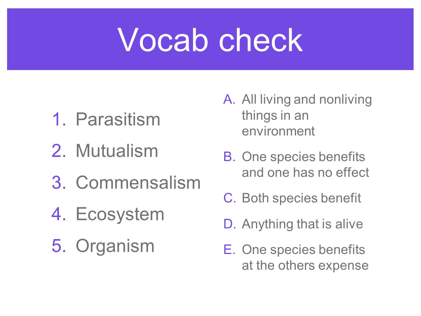 Vocab check Parasitism Mutualism Commensalism Ecosystem Organism