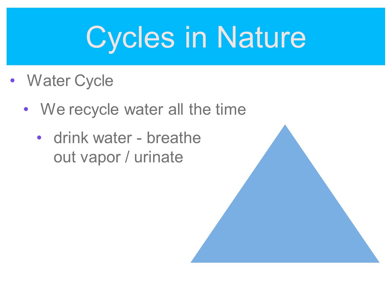 Cycles in Nature Water Cycle We recycle water all the time