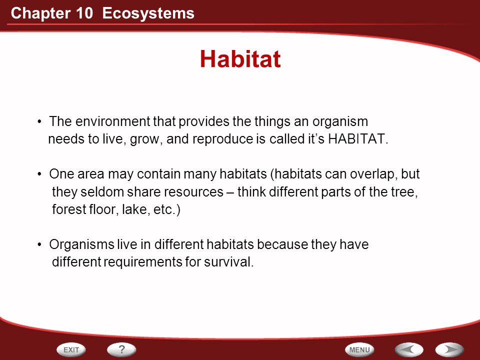 Habitat The environment that provides the things an organism