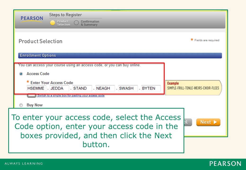 To enter your access code, select the Access Code option, enter your access code in the boxes provided, and then click the Next button.