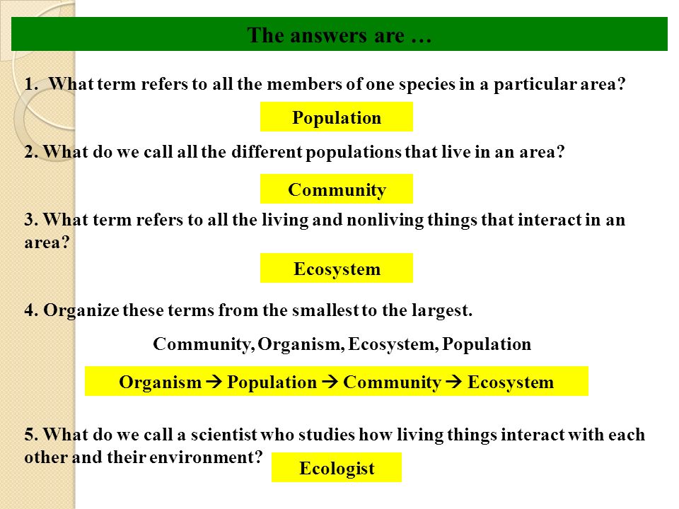The answers are … 1. What term refers to all the members of one species in a particular area
