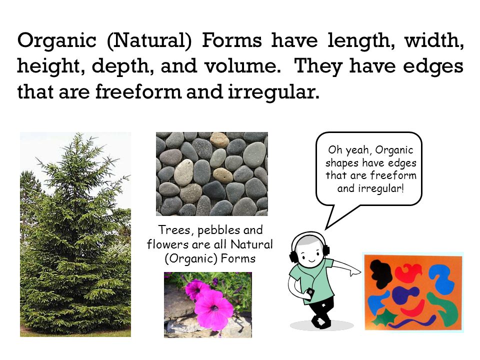 Organic (Natural) Forms have length, width, height, depth, and volume