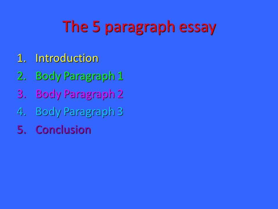 The 5 paragraph essay Introduction Body Paragraph 1 Body Paragraph 2