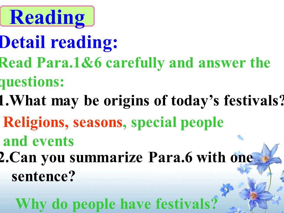 Reading Detail reading: Read Para.1&6 carefully and answer the
