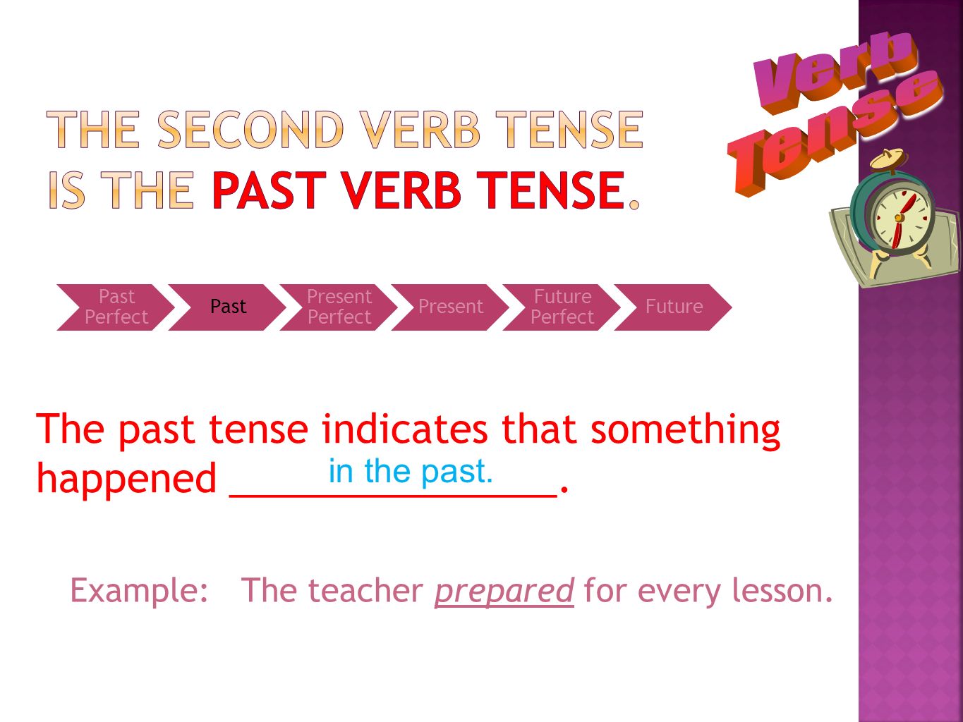 The second verb tense is the past verb tense.