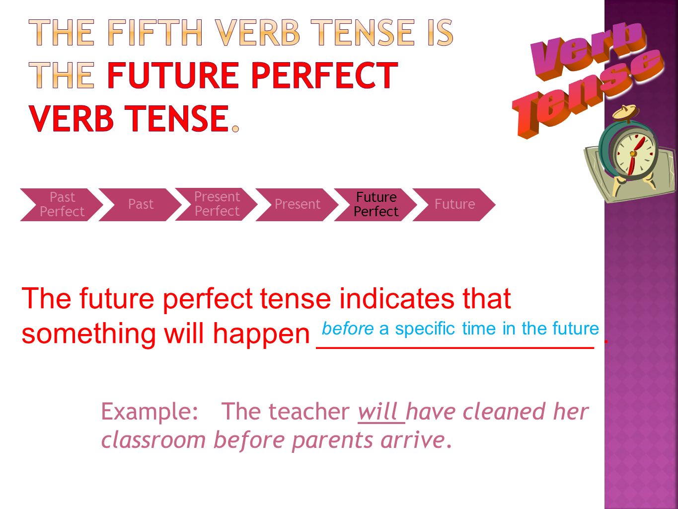 The fifth verb tense is the future perfect verb tense.