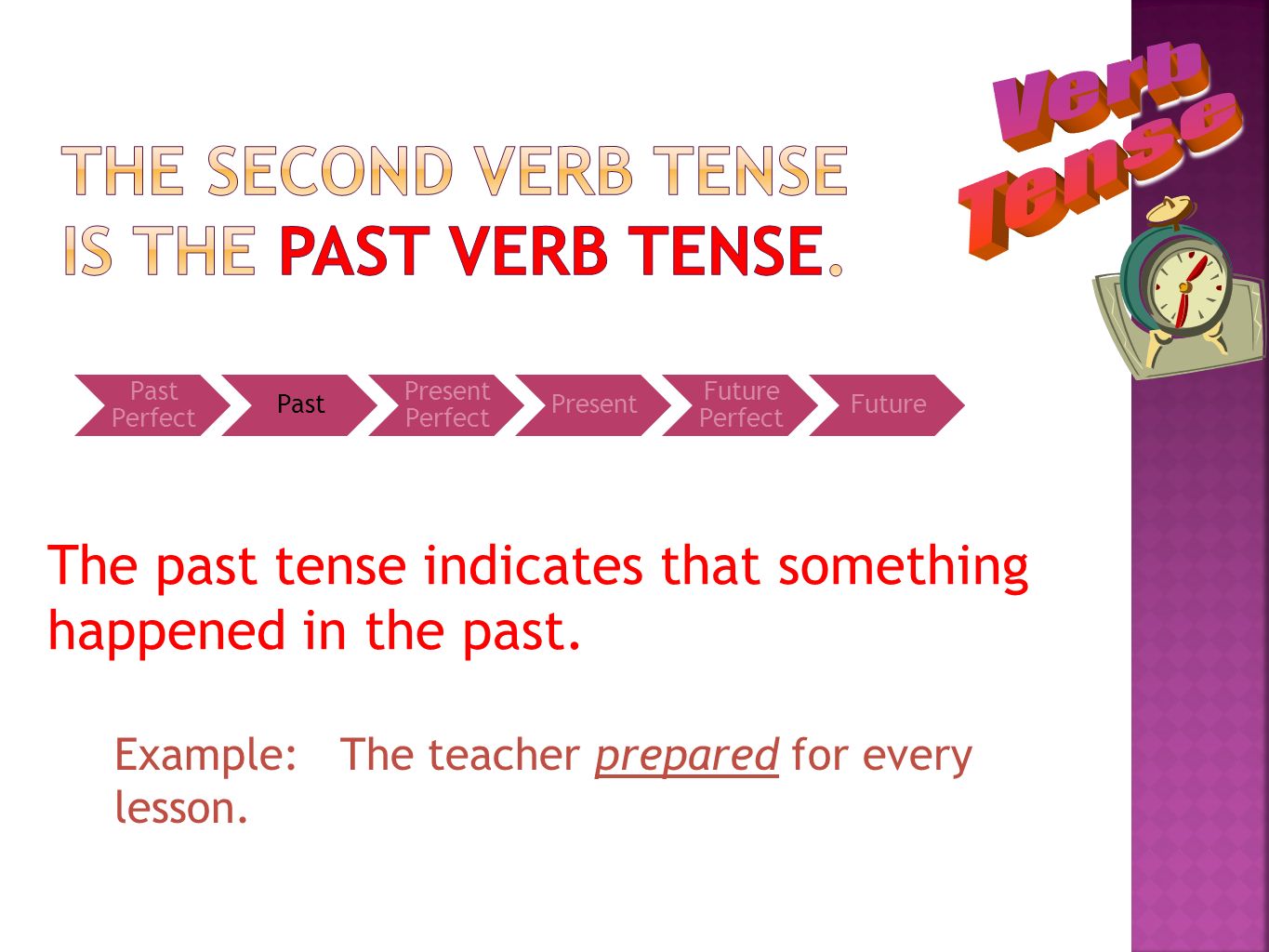 The second verb tense is the past verb tense.