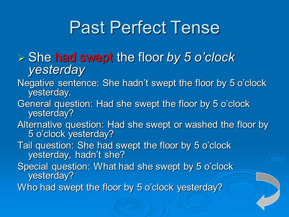 Past Perfect Tense She had swept the floor by 5 o’clock yesterday