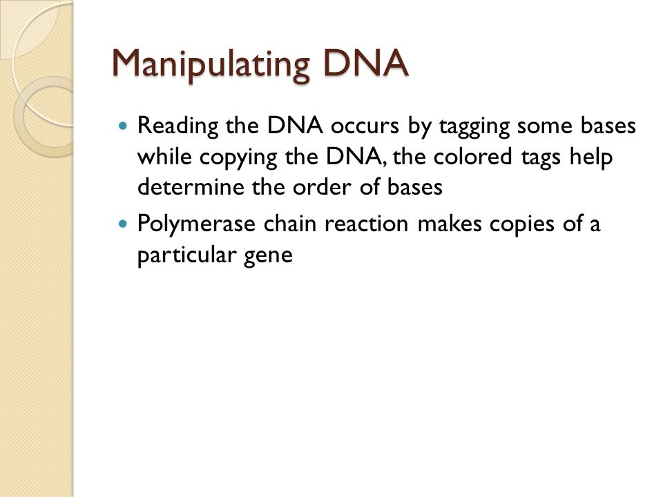 Manipulating DNA Reading the DNA occurs by tagging some bases while copying the DNA, the colored tags help determine the order of bases.