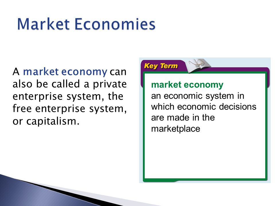 Market Economies A market economy can also be called a private enterprise system, the free enterprise system, or capitalism.