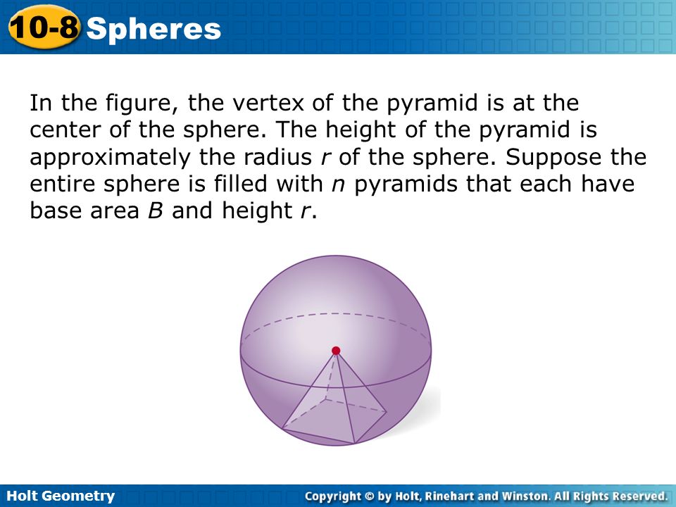 In the figure, the vertex of the pyramid is at the center of the sphere.
