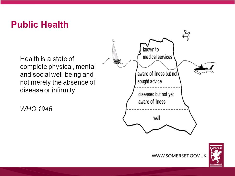 Public Health Health is a state of complete physical, mental and social well-being and not merely the absence of disease or infirmity’