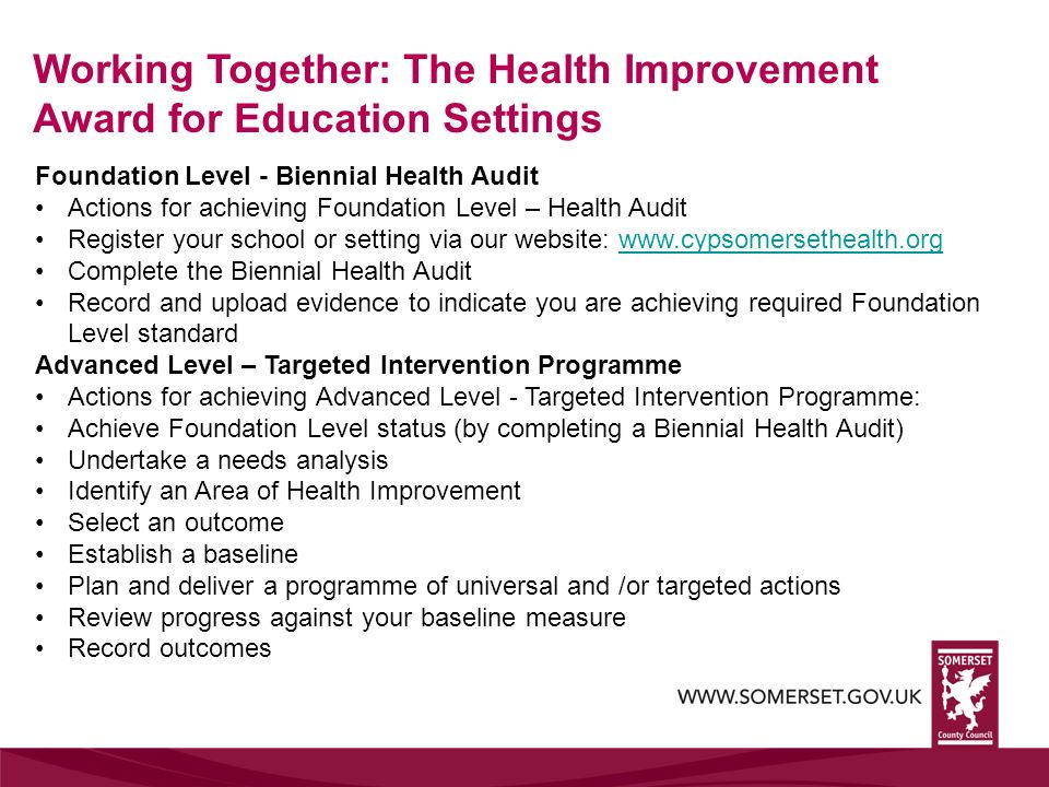 Working Together: The Health Improvement Award for Education Settings