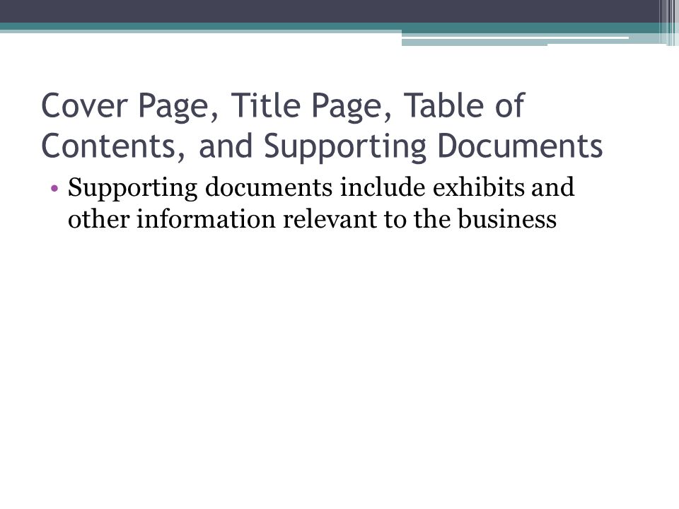 Cover Page, Title Page, Table of Contents, and Supporting Documents