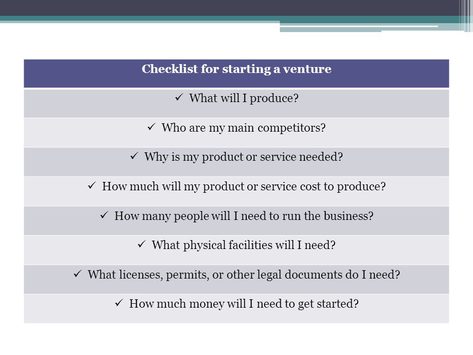 Checklist for starting a venture