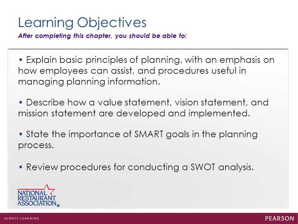 Learning Objectives After completing this chapter, you should be able to: • Explain basic principles of planning, with an emphasis on.