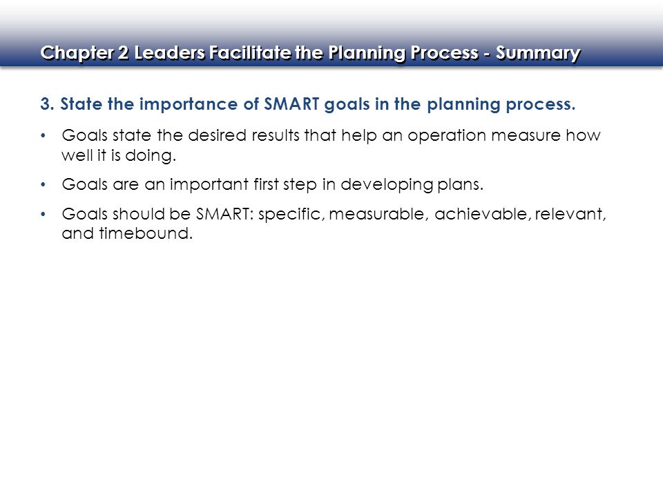3. State the importance of SMART goals in the planning process.