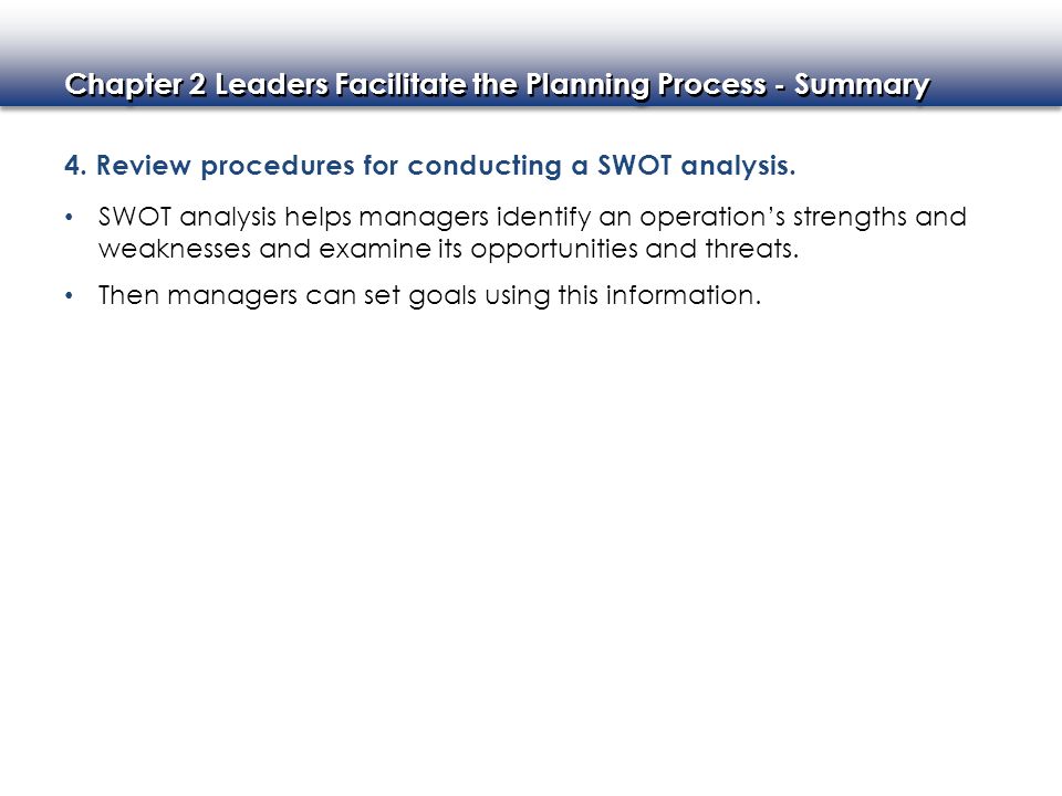 4. Review procedures for conducting a SWOT analysis.