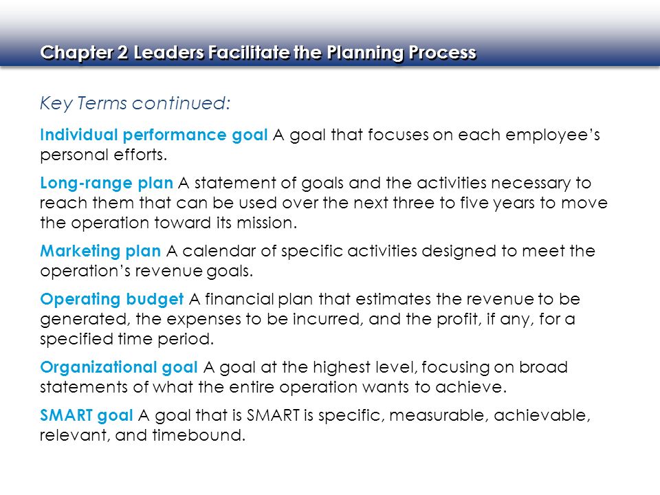 Key Terms continued: Individual performance goal A goal that focuses on each employee’s personal efforts.