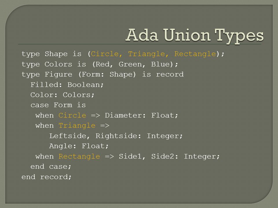 Ada Union Types type Shape is (Circle, Triangle, Rectangle);
