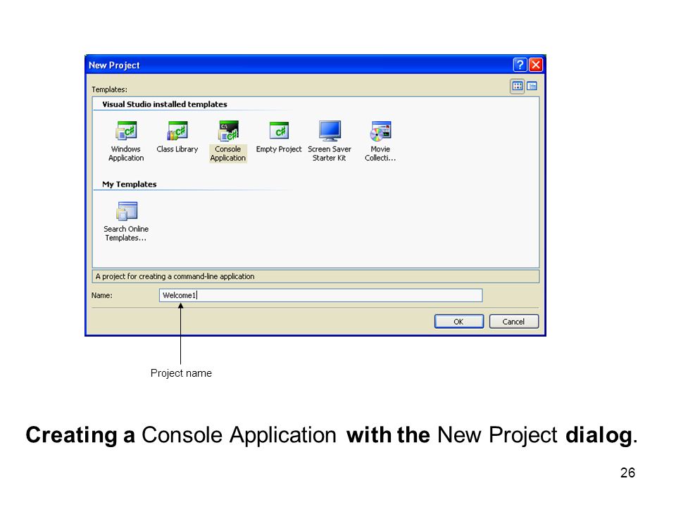 Creating a Console Application with the New Project dialog.
