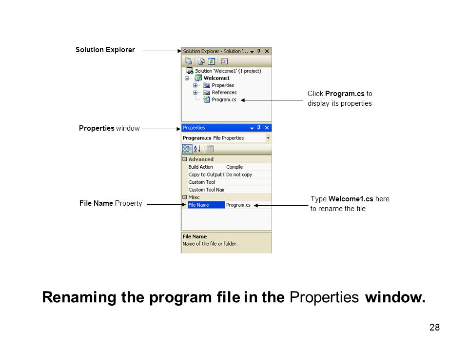 Renaming the program file in the Properties window.