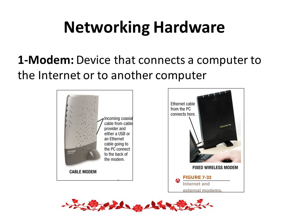 Networking Hardware 1-Modem: Device that connects a computer to the Internet or to another computer