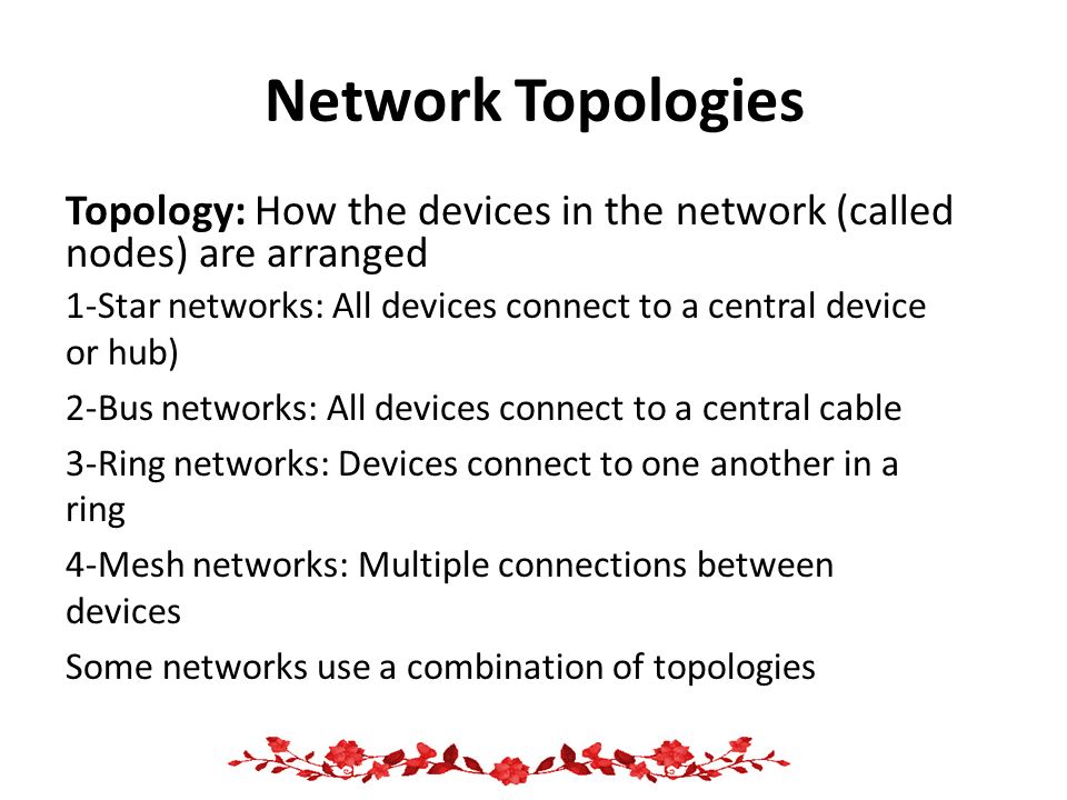 Network Topologies Topology: How the devices in the network (called nodes) are arranged.
