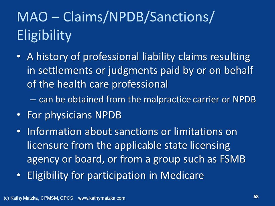 MAO – Claims/NPDB/Sanctions/ Eligibility