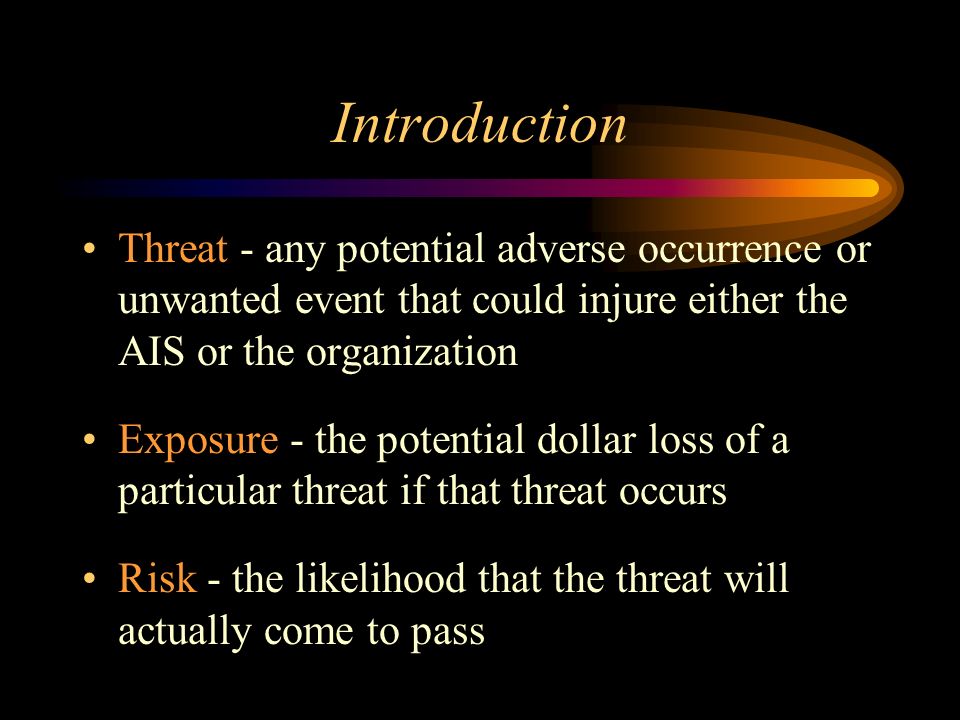 Introduction Threat - any potential adverse occurrence or unwanted event that could injure either the AIS or the organization.