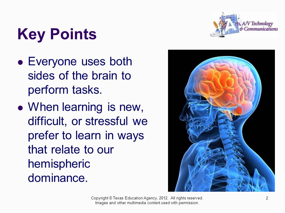 Key Points Everyone uses both sides of the brain to perform tasks.