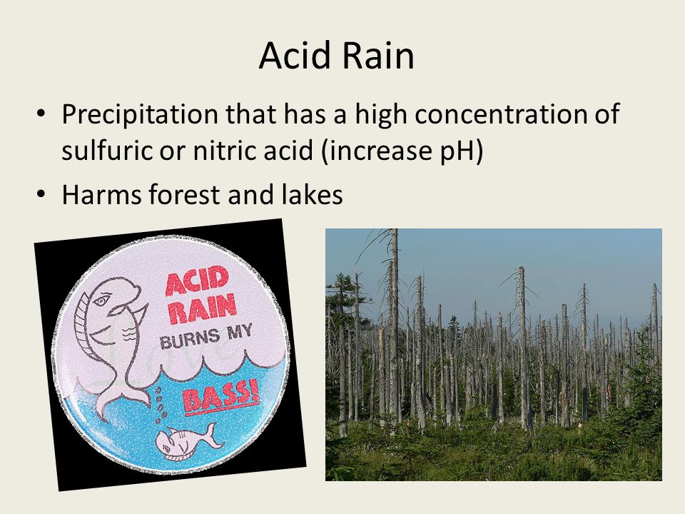Acid Rain Precipitation that has a high concentration of sulfuric or nitric acid (increase pH) Harms forest and lakes.
