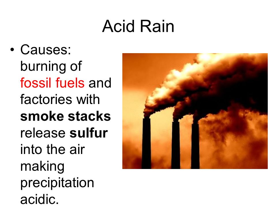 Acid Rain Causes: burning of fossil fuels and factories with smoke stacks release sulfur into the air making precipitation acidic.