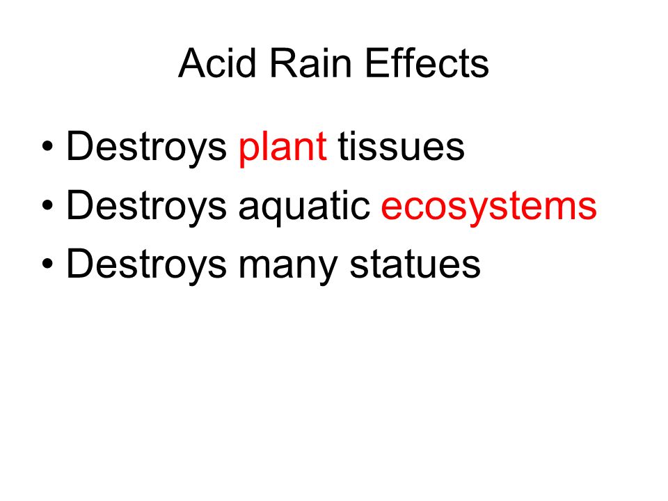 Acid Rain Effects Destroys plant tissues Destroys aquatic ecosystems Destroys many statues