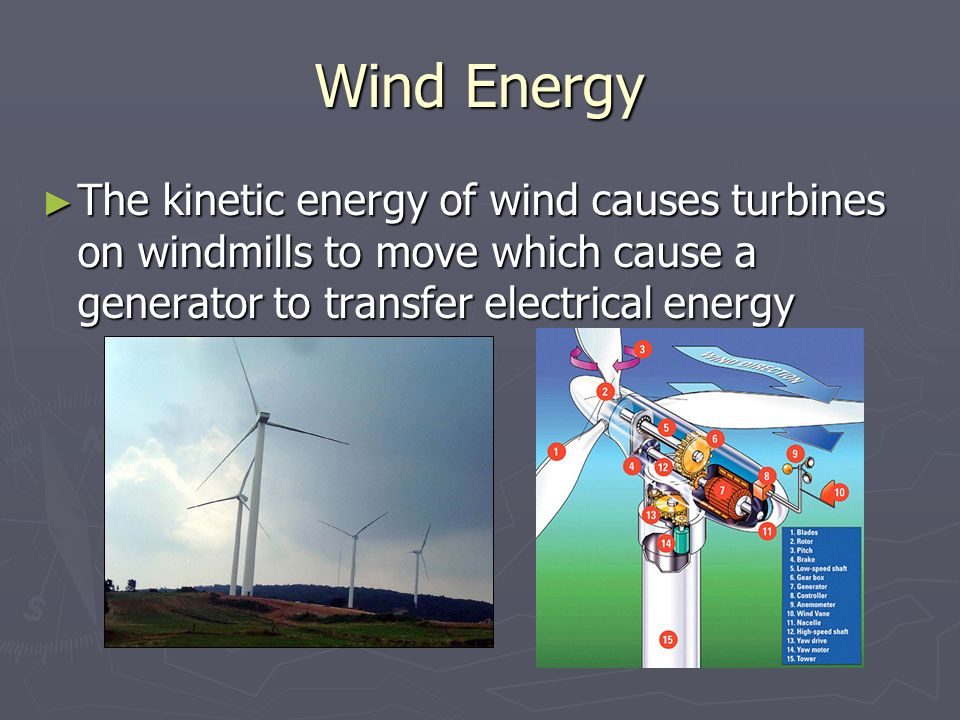 Wind Energy The kinetic energy of wind causes turbines on windmills to move which cause a generator to transfer electrical energy.