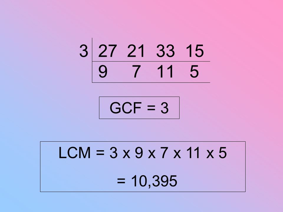 GCF = 3 LCM = 3 x 9 x 7 x 11 x 5 = 10,395