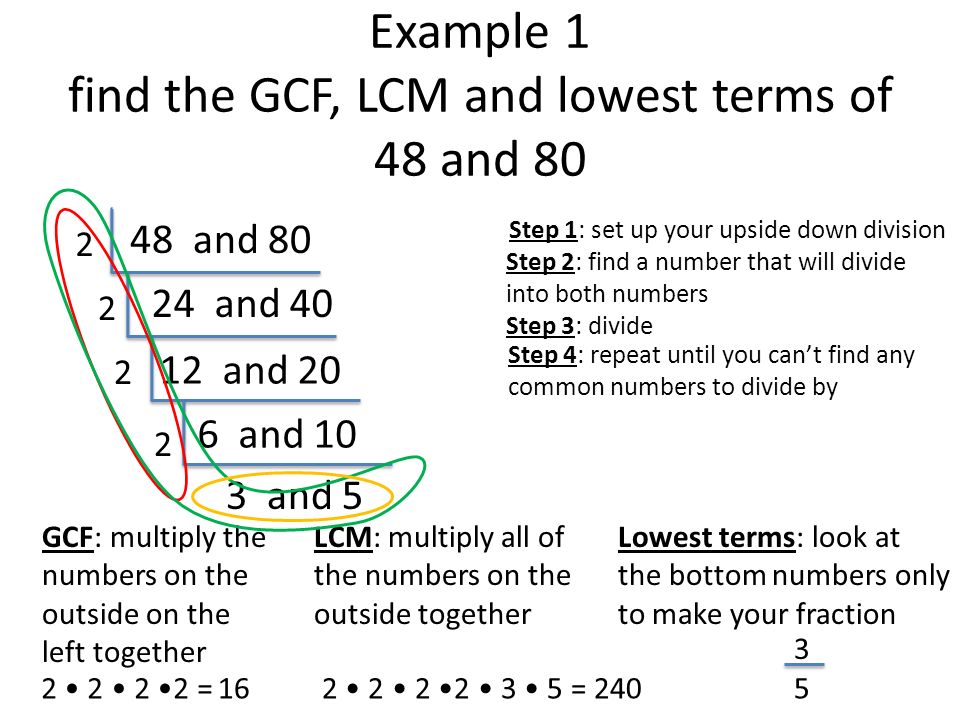 Example 1 find the GCF, LCM and lowest terms of 48 and 80