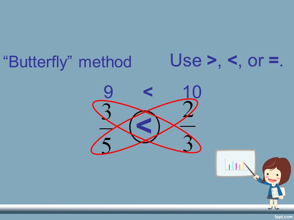 Use >, <, or =. Butterfly method 9 < 10 <