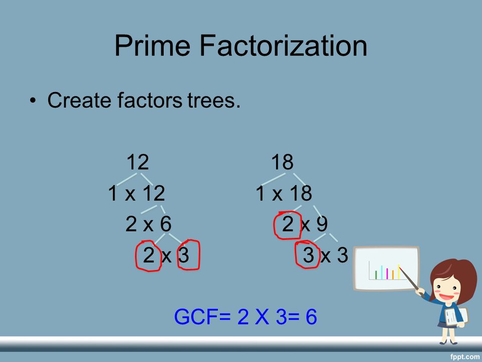 Prime Factorization Create factors trees x 12 1 x 18